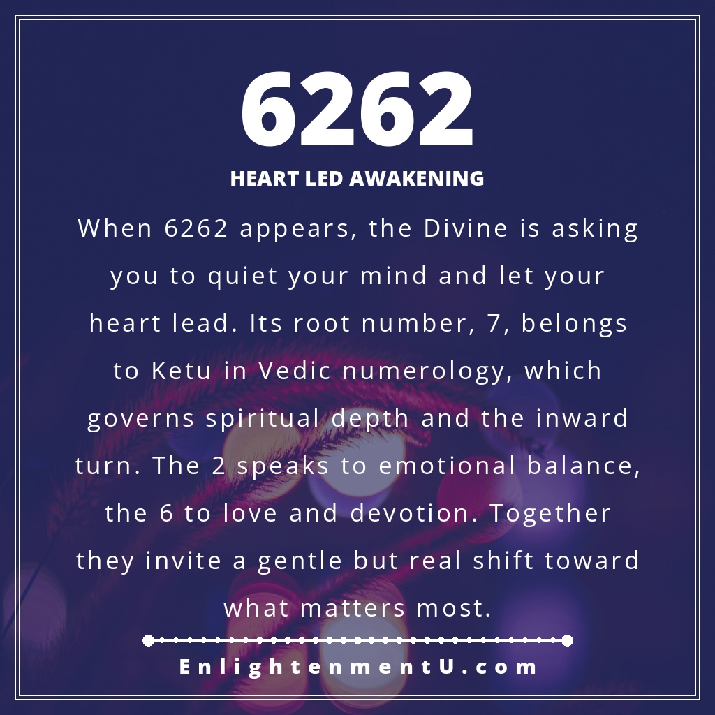 6262 angel number pin with the number 6262 over a deep mystical celestial background; text reads Heart Led Awakening, meaning of seeing 6262 angel number