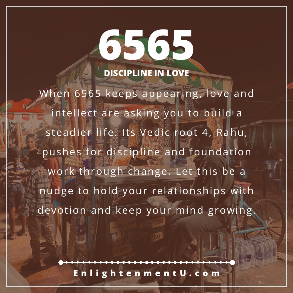 6565 angel number pin with the number 6565 over a warm, earthy scene; text reads 'Discipline in Love', meaning of seeing 6565 angel number.