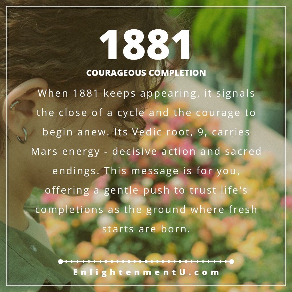 1881 angel number pin with the number 1881 over a serene dawn sky; text reads 'Courageous Completion', meaning of seeing 1881 angel number