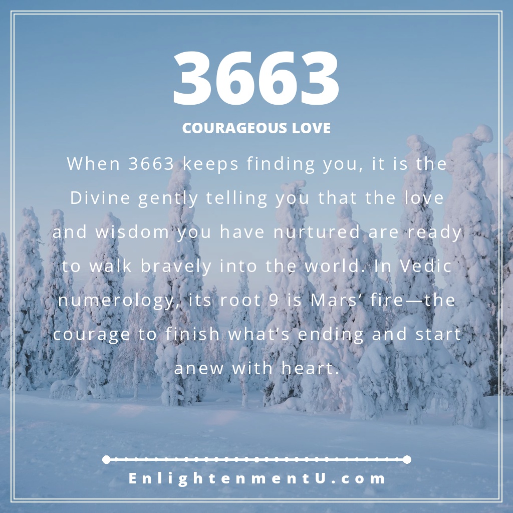 Angel number 3663 pin with the number 3663 over a serene background; text reads 'Courageous Love', meaning of seeing 3663 angel number.