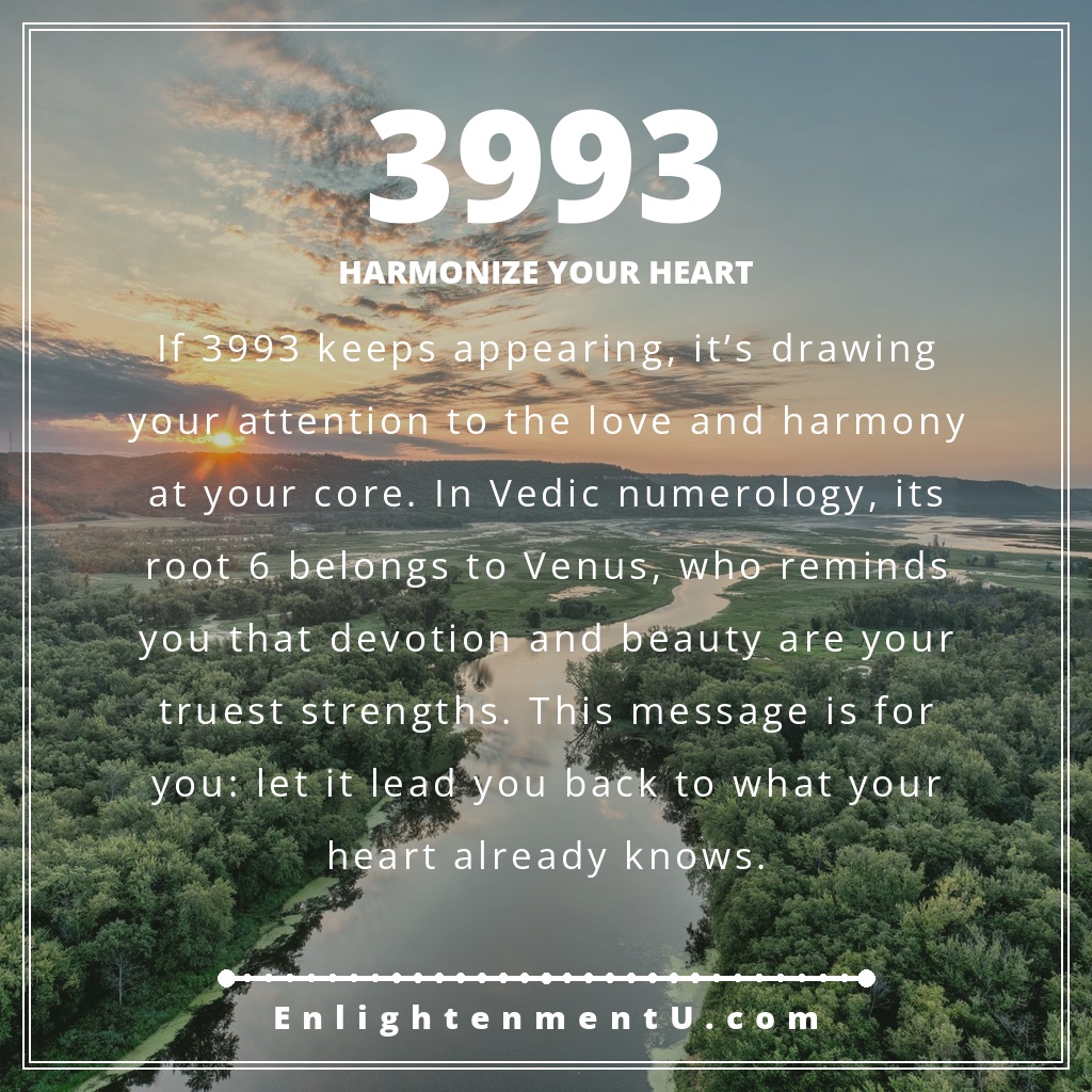 3993 angel number pin with the number 3993 over a serene garden at dawn; text reads 'Harmonize Your Heart', meaning of seeing 3993 angel number.
