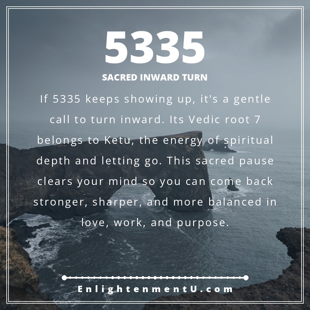 5335 angel number pin with the number 5335 over a serene scene; text reads 'Sacred Inward Turn', meaning of seeing 5335 angel number.
