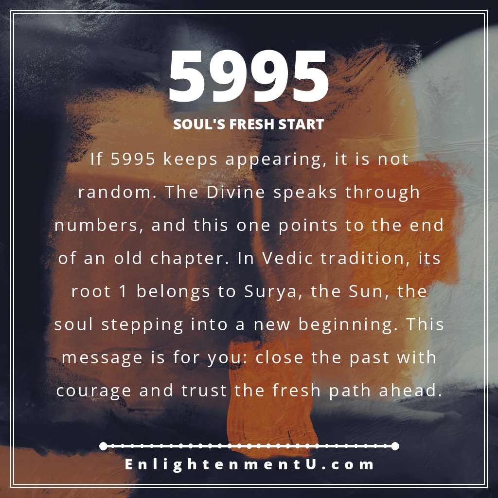 5995 angel number pin with the number 5995 over a warm sunrise; text reads 'Soul's Fresh Start', meaning of seeing 5995 angel number