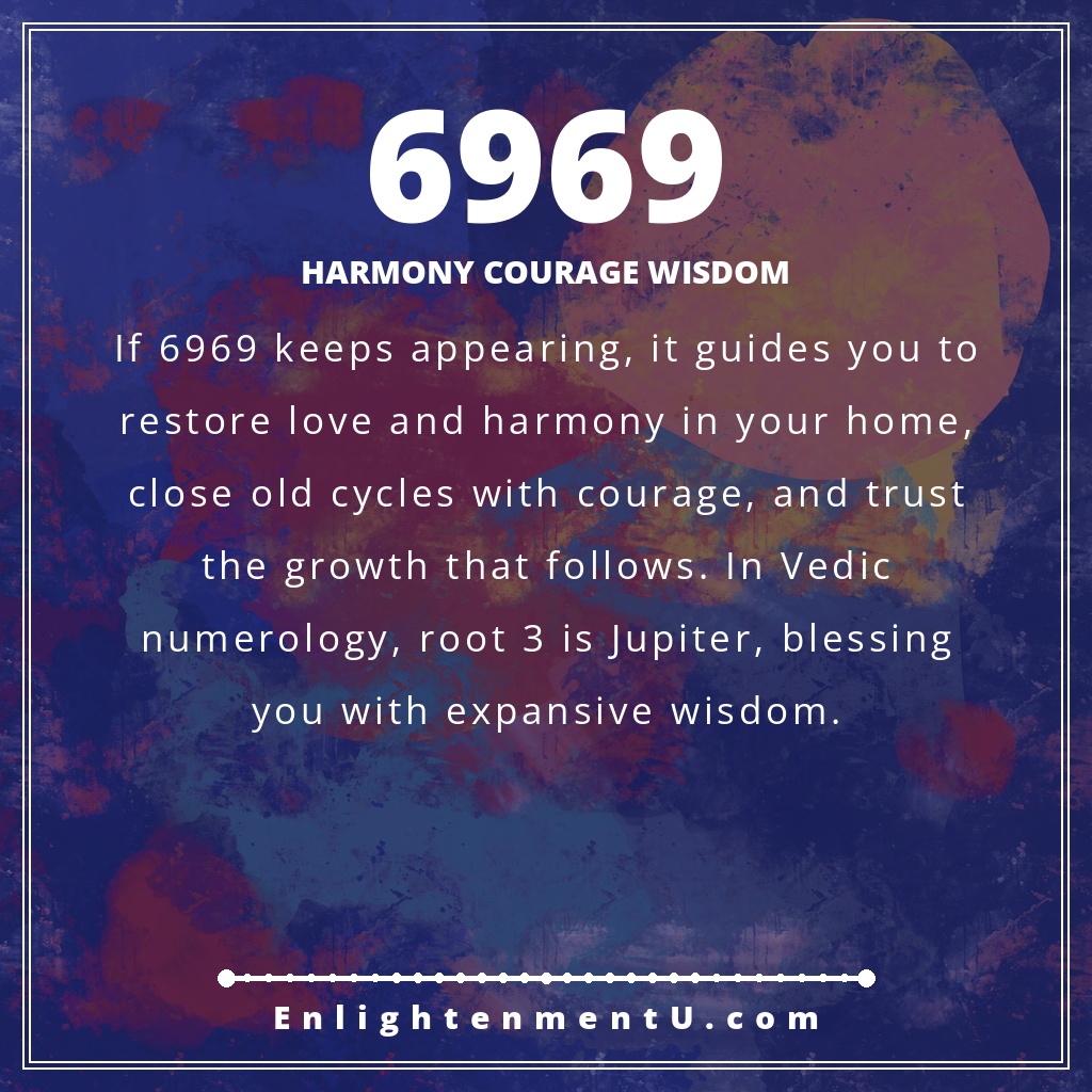 6969 angel number pin with the number 6969 over a soft cosmic background; text reads 'Harmony Courage Wisdom', meaning of seeing 6969 angel number.
