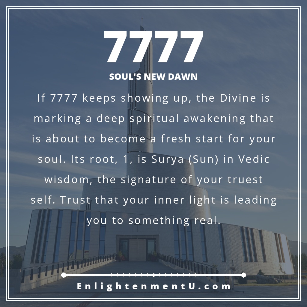 7777 angel number pin with the number 7777 over a serene, spiritual scene; text reads 'Soul's New Dawn', meaning of seeing 7777 angel number.