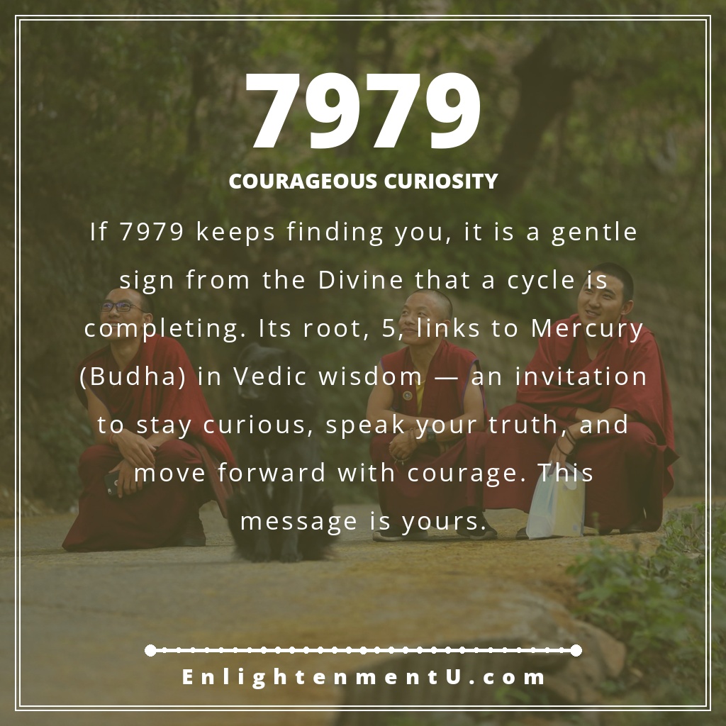 7979 angel number pin with the number 7979 large over a scene; text reads 'Courageous Curiosity', meaning of seeing 7979 angel number.