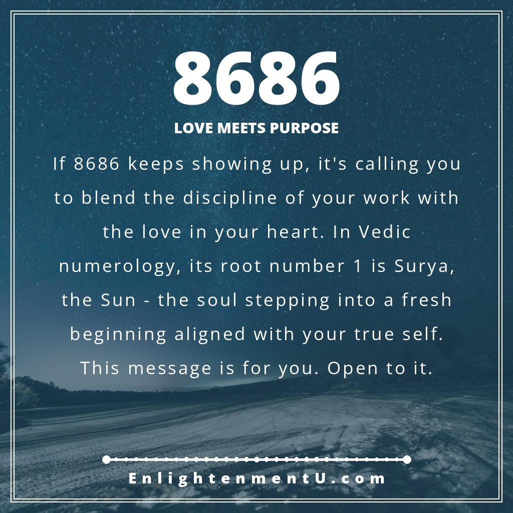 8686 angel number pin with the number 8686 over a warm, balanced scene; text reads 'Love Meets Purpose', meaning of seeing 8686 angel number