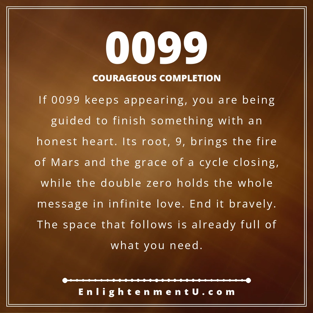 0099 angel number pin with the number 0099 large over a soft evening scene; text reads 'Courageous Completion', meaning of seeing 0099 angel number.