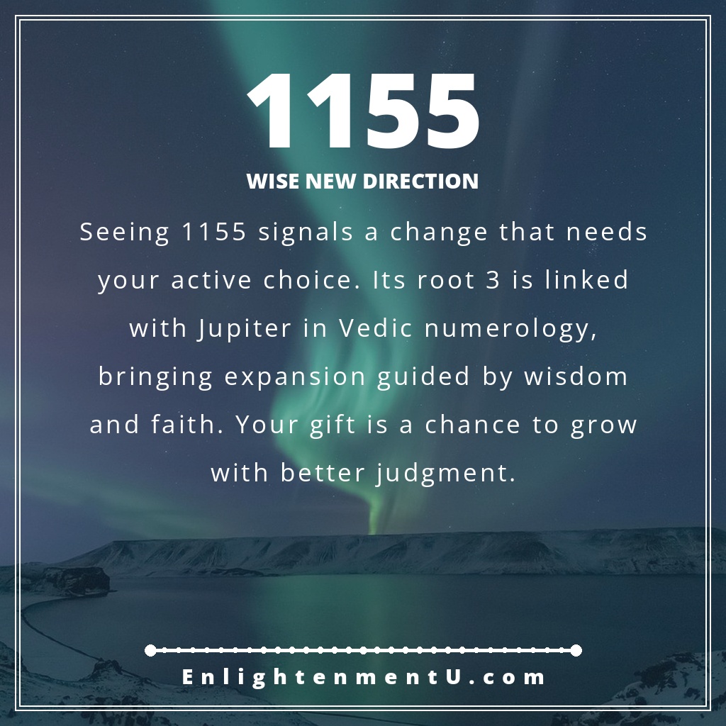 1155 angel number pin with large 1155 over a sunrise mountain path; text reads 'Wise New Direction,' meaning of seeing 1155 angel number.