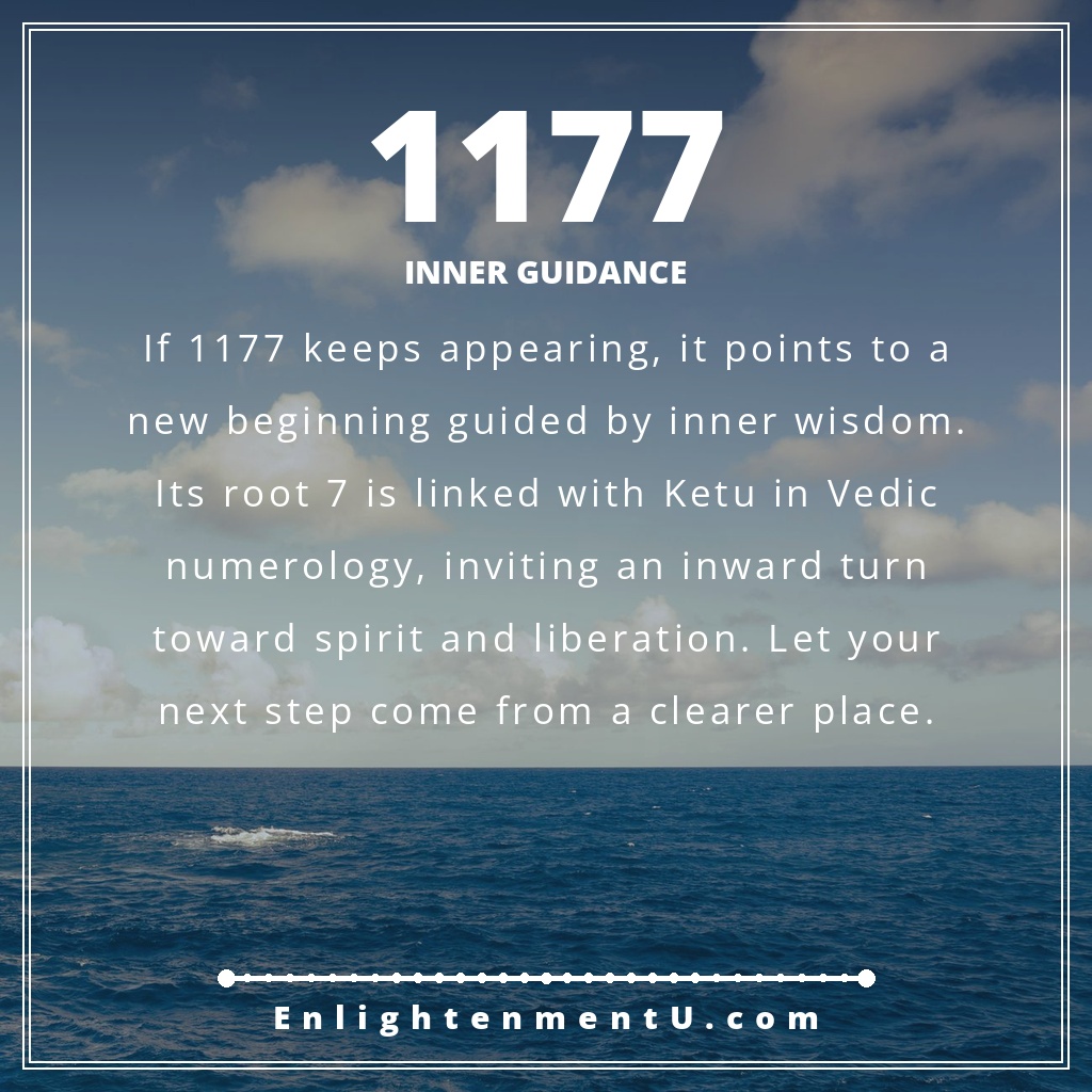1177 angel number pin with the number 1177 over a quiet sunrise and open journal; text reads 'Inner Guidance', meaning of seeing 1177 angel number.