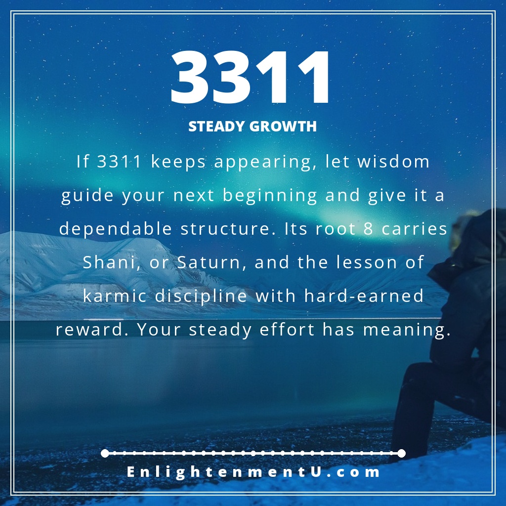 3311 angel number pin with the number 3311 over a quiet sunrise and open journal; text reads 'Steady Growth', meaning of seeing 3311 angel number.