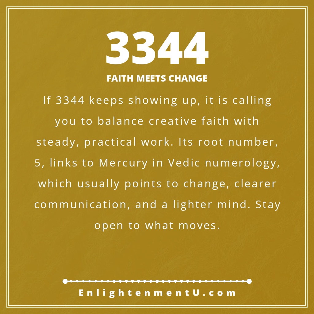3344 angel number pin with the number 3344 over a warm, grounded background. The text reads 'Faith Meets Change', meaning of seeing 3344 angel number.