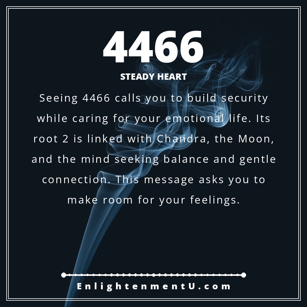 4466 angel number pin with large 4466 over a soft moonlit home scene and text reading 'Steady Heart,' meaning of seeing 4466 angel number