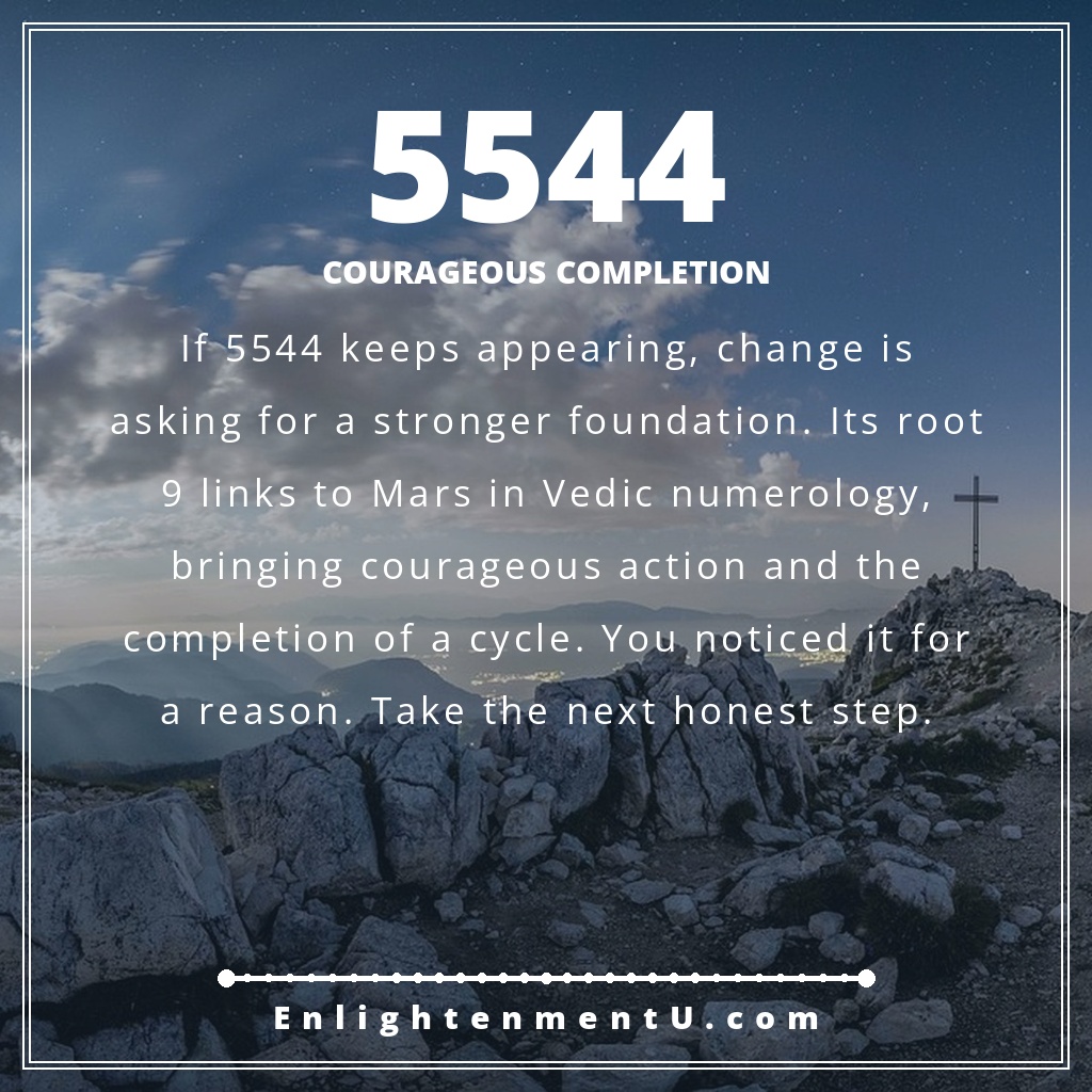 5544 angel number pin with the number 5544 over a calm sunrise and sturdy stone path; text reads 'Courageous Completion', meaning of seeing 5544 angel number.