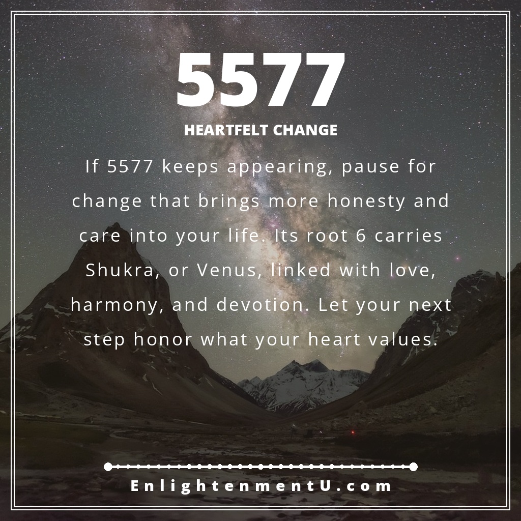 5577 angel number pin with the number 5577 over a calm home scene; text reads 'Heartfelt Change', meaning of seeing 5577 angel number.