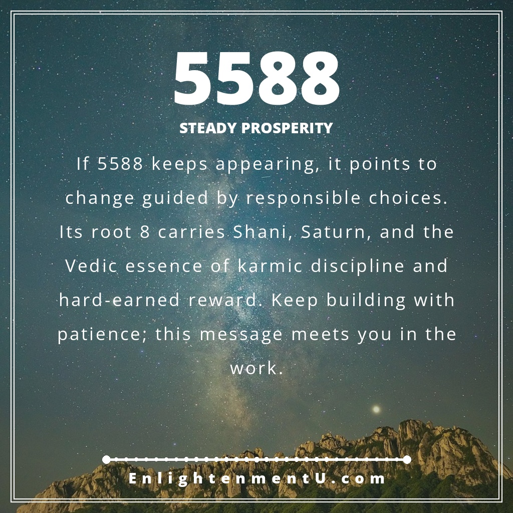 5588 angel number pin with the number 5588 over a warm home and stone path; text reads 'Steady Prosperity', meaning of seeing 5588 angel number.