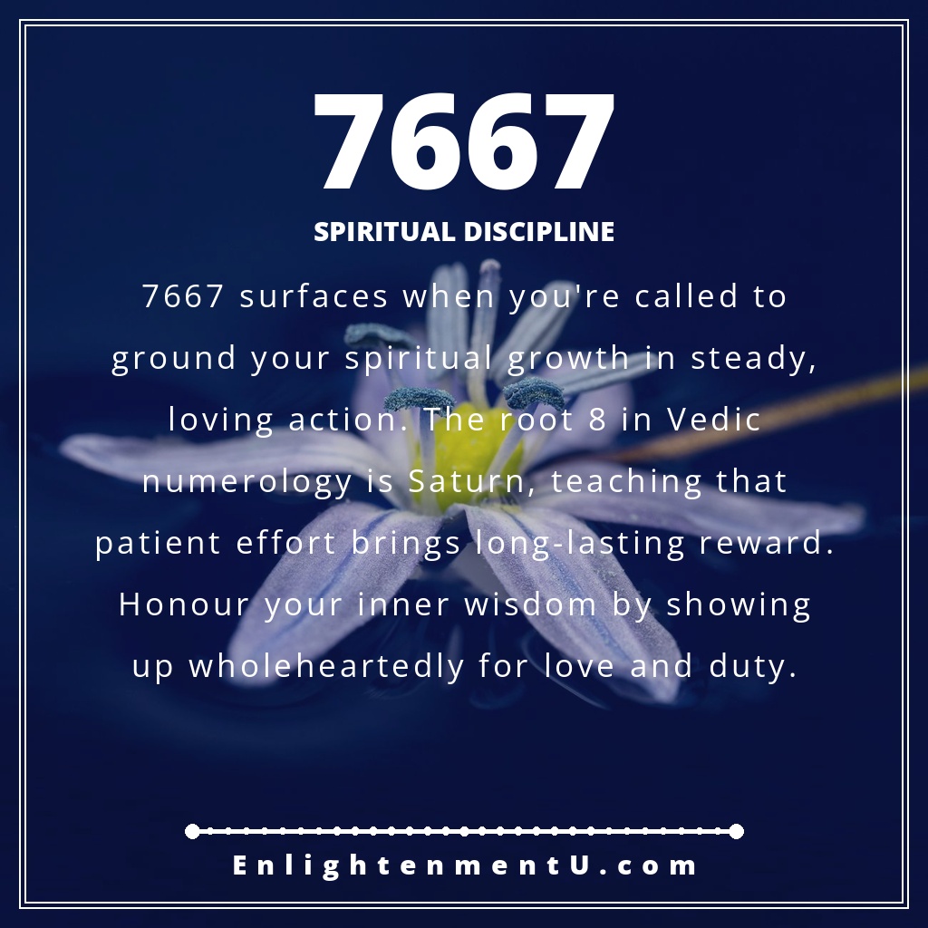 7667 angel number pin with the number 7667 over a gentle spiritual background; text reads 'Spiritual Discipline', meaning of seeing 7667 angel number