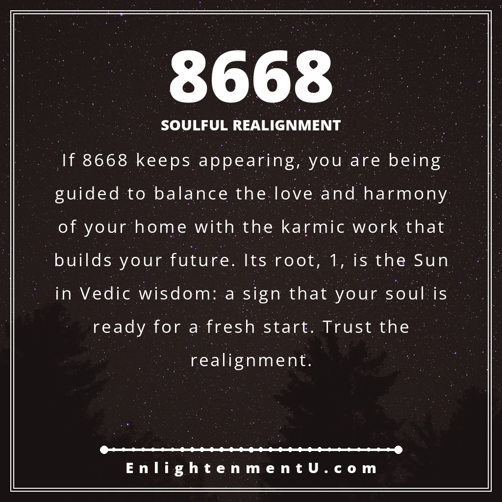 Ã©pingle reprÃ©sentant le nombre angÃ©lique 8668 sur un arriÃ¨re-plan serein ; le texte indique 'RÃ©alignement de l'Ã¢me', signification de voir le nombre angÃ©lique 8668