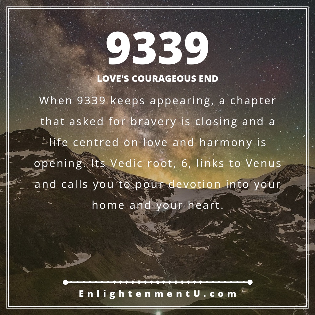 9339 angel number pin with the number 9339 over a soft, warm background; text reads 'Love's Courageous End', meaning of seeing 9339 angel number