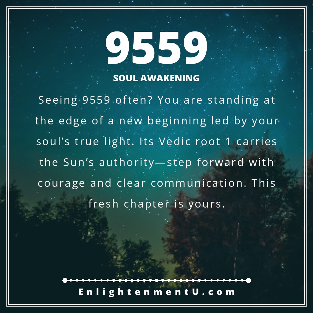 9559 angel number pin with the number 9559 over a serene sunrise scene; text reads 'Soul Awakening', meaning of seeing 9559 angel number.