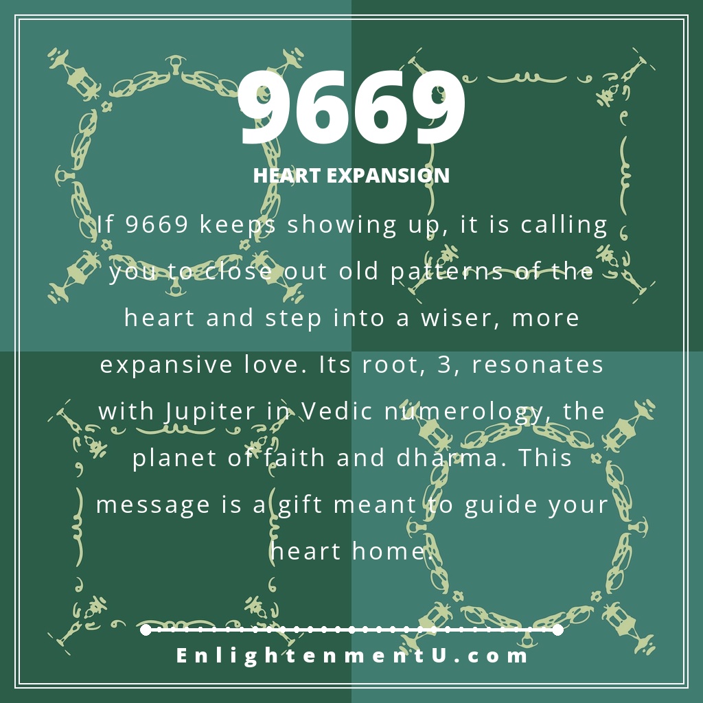 Angel number 9669 pin with the number 9669 on a soft, devotional-themed background, calling in heart expansion, love completion, and Vedic wisdom. The pin reads 'Heart Expansion.'