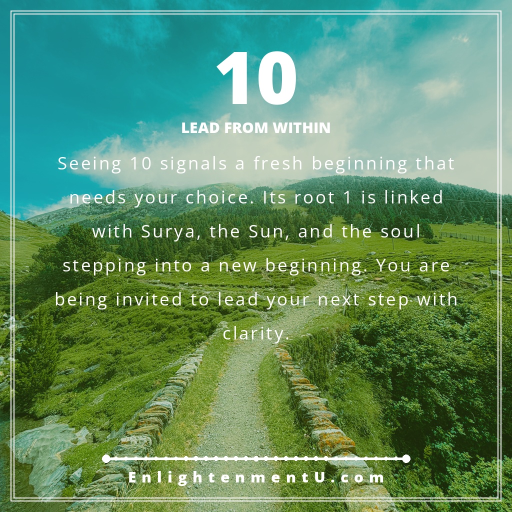 10 angel number pin with a large number 10 over a warm celestial scene; text reads 'Lead From Within,' meaning of seeing 10 angel number.