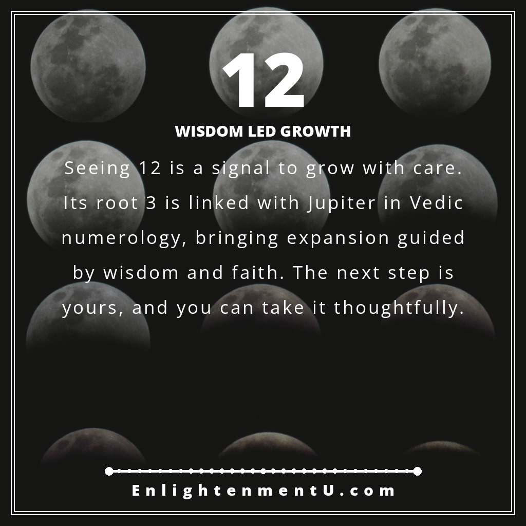 12 angel number pin with the number 12 in large type and the words 'Wisdom Led Growth,' explaining the meaning of seeing 12 angel number