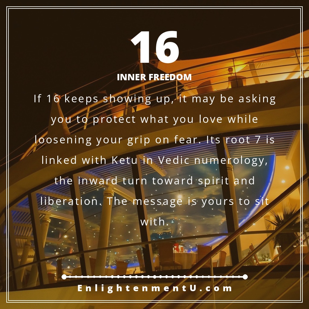 16 angel number pin with a calm spiritual design and the words Inner Freedom, explaining the meaning of seeing 16 angel number