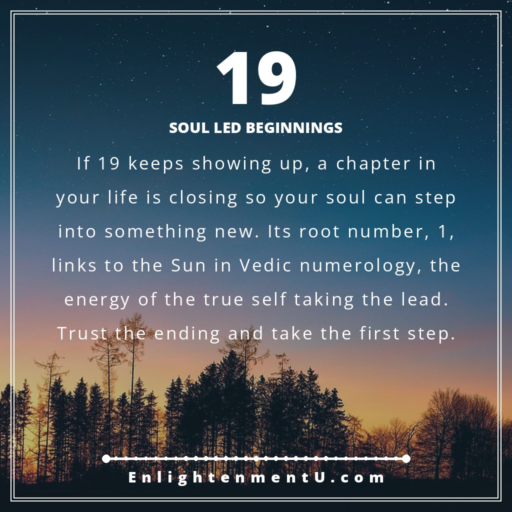 Meaning of seeing 19 angel number, the number 19 large on a pin with a sunrise scene, symbolising a new beginning