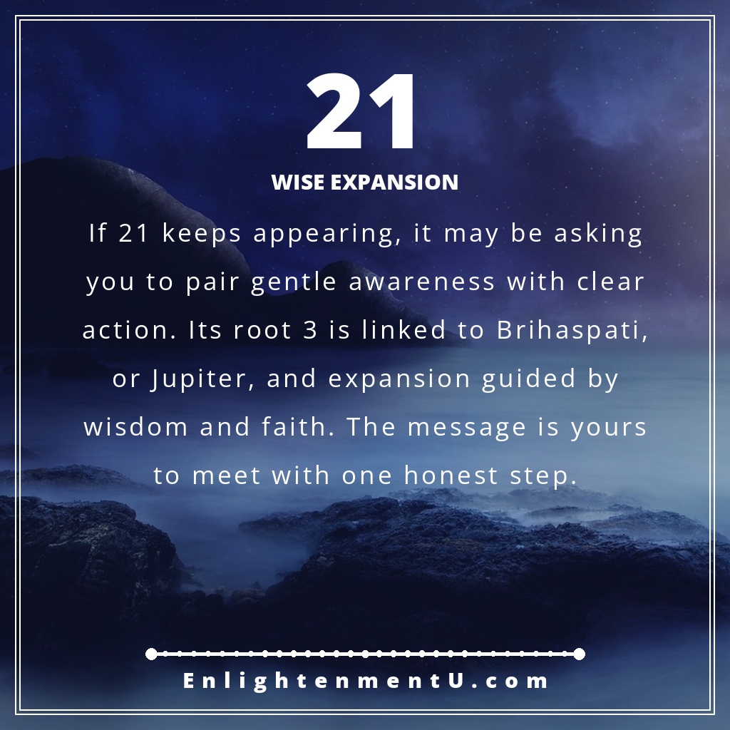 21 angel number pin with a large gold number 21 over a calm spiritual background; text reads 'Wise Expansion,' meaning of seeing 21 angel number.