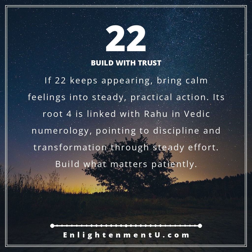 22 angel number pin showing 22 over a moonlit stone path with the words 'Build With Trust,' about the meaning of seeing 22 angel number.