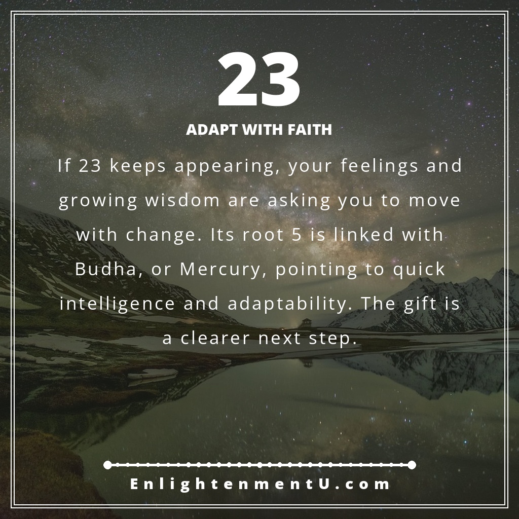 23 angel number pin with the number 23 over a calm moonlit sky and warm golden light, text reads 'Adapt With Faith,' meaning of seeing 23 angel number