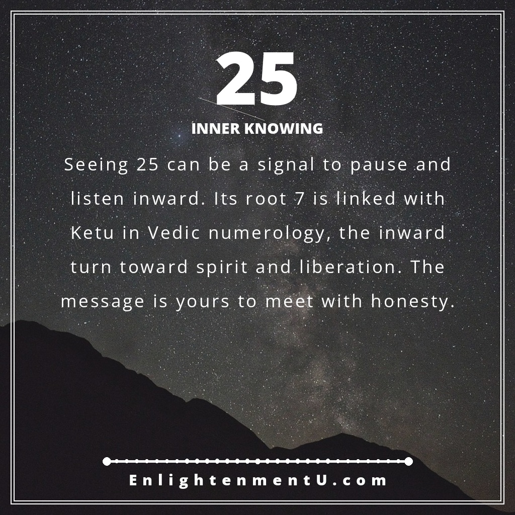 25 angel number pin with the number 25 over a moonlit mountain path; text reads 'Inner Knowing', meaning of seeing 25 angel number.