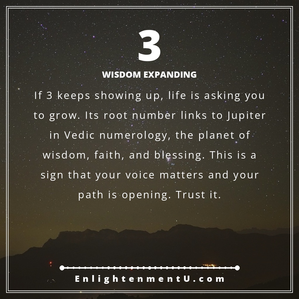 Meaning of seeing 3 angel number pin with the number 3 large over a warm sunlit scene; text reads 'Wisdom Expanding', meaning of seeing 3 angel number