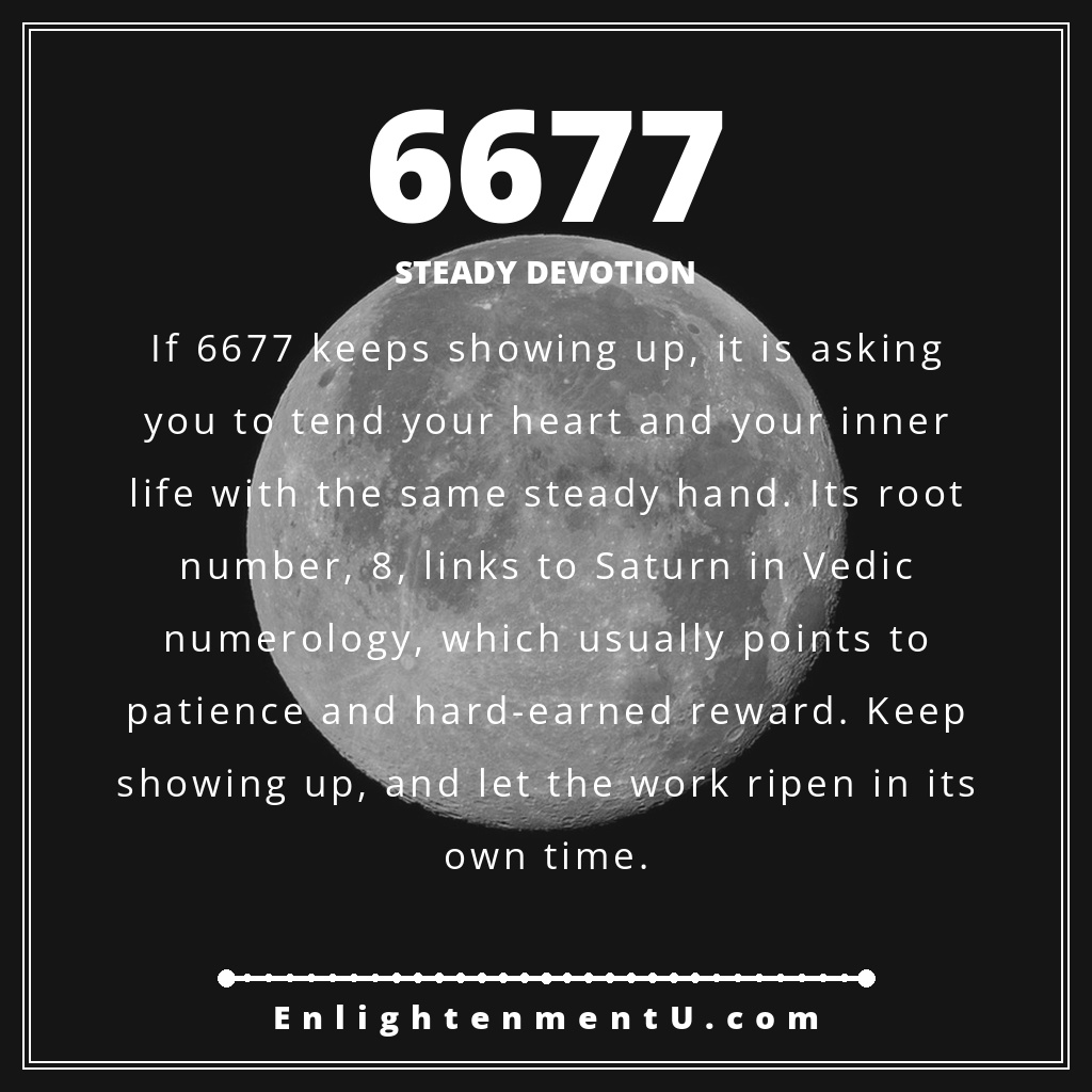 6677 angel number pin with the number 6677 large over a warm, quiet scene of a home interior with soft morning light; text reads 'Steady Devotion', meaning of seeing 6677 angel number
