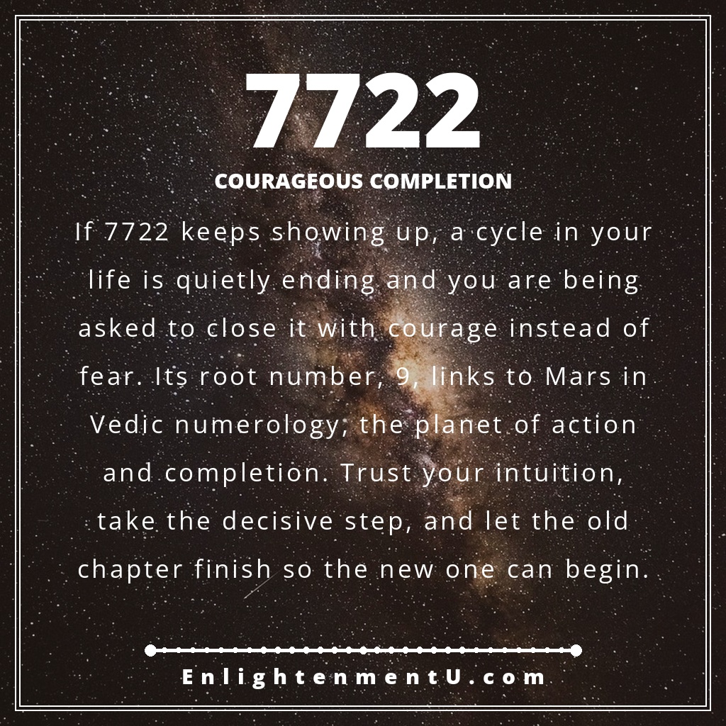 alfiler con el número angelical 7722 y el número 7722 en gran tamaño sobre un cielo nocturno profundo con una luna creciente y estrellas tenues; el texto dice 'Courageous Completion', significado de ver el número angelical 7722
