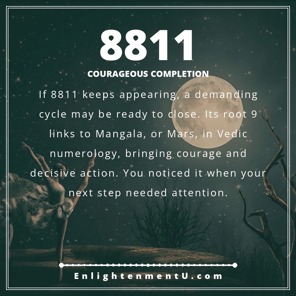8811 angel number pin with large gold numerals on a warm spiritual background; text reads Courageous Completion, meaning of seeing 8811 angel number