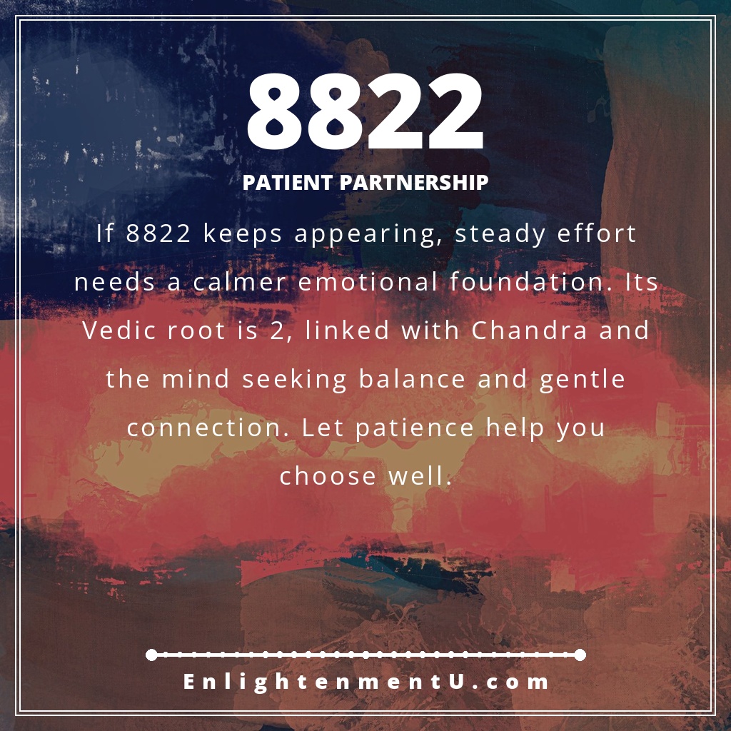 8822 angel number pin with large gold 8822 over a calm moonlit background; text reads 'Patient Partnership,' meaning of seeing 8822 angel number.