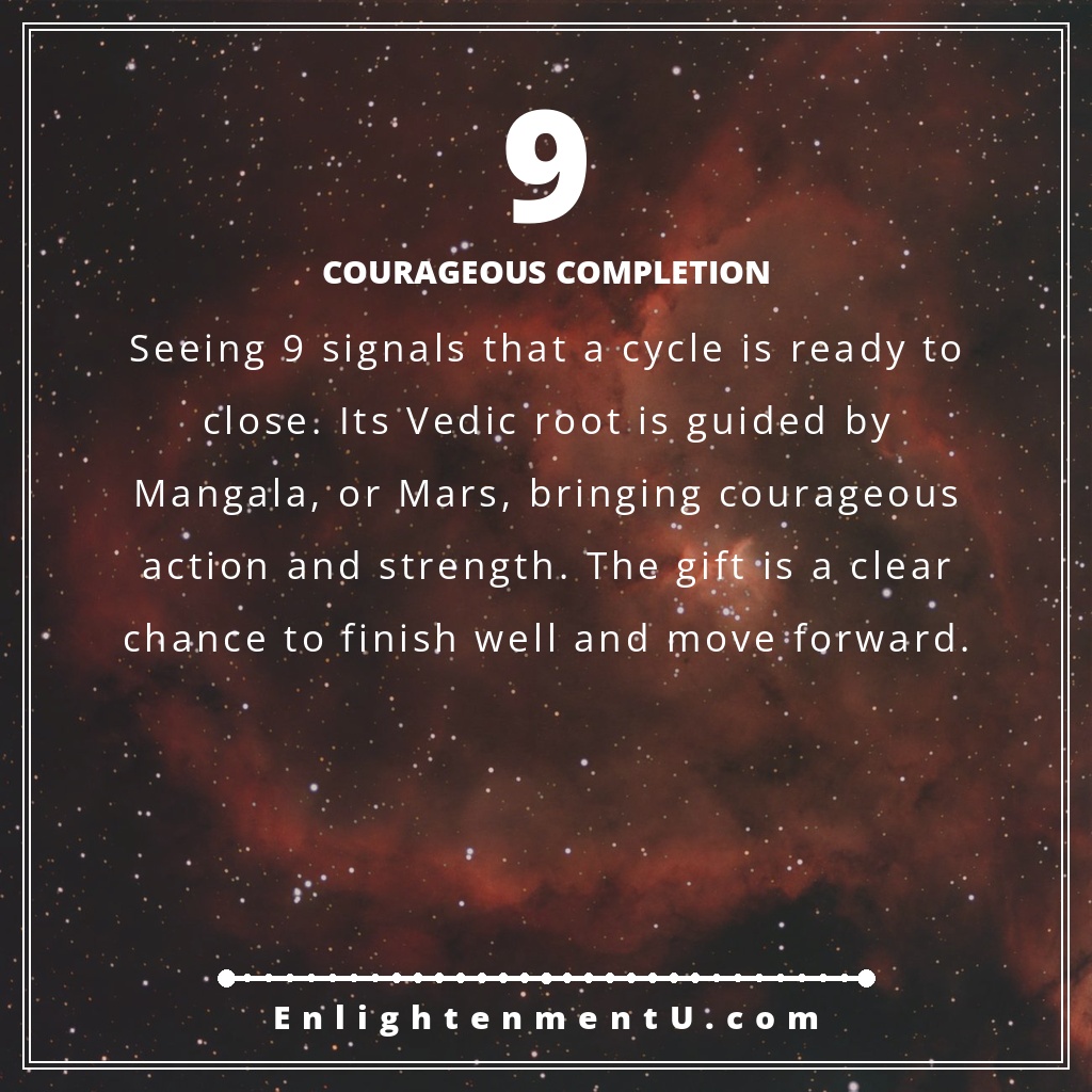 9 angel number pin with a large gold number 9 over a sunrise mountain scene; text reads 'Courageous Completion,' meaning of seeing 9 angel number.