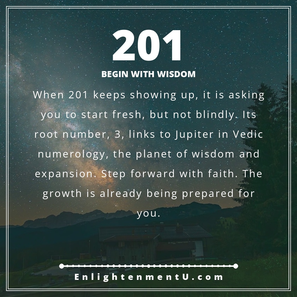 201 angel number pin with the number 201 large over a soft sunrise scene; text reads 'Begin With Wisdom', meaning of seeing 201 angel number