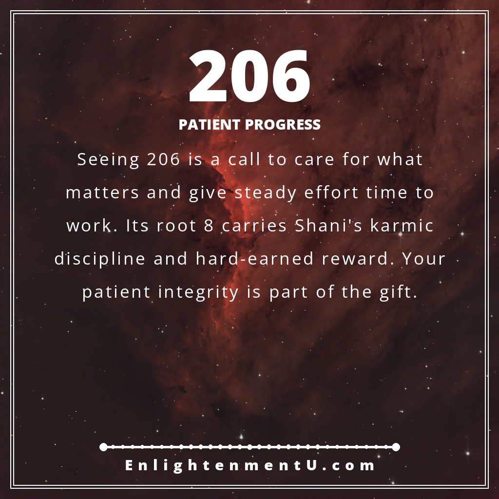épingle représentant le nombre angélique 206, avec un grand 206 au-dessus d'un lever de soleil chaleureux et de montagnes paisibles ; le texte indique « Progrès patient », signification de la vision du nombre angélique 206.