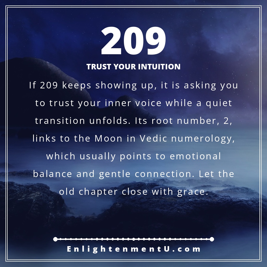 209 angel number pin with the number 209 over a soft moonlit sky; text reads 'Trust Your Intuition', meaning of seeing 209 angel number