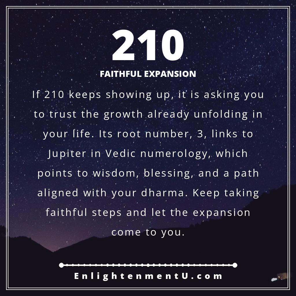 Meaning of seeing 210 angel number pin with the number 210 large over a soft sunrise field; text reads 'Faithful Expansion'