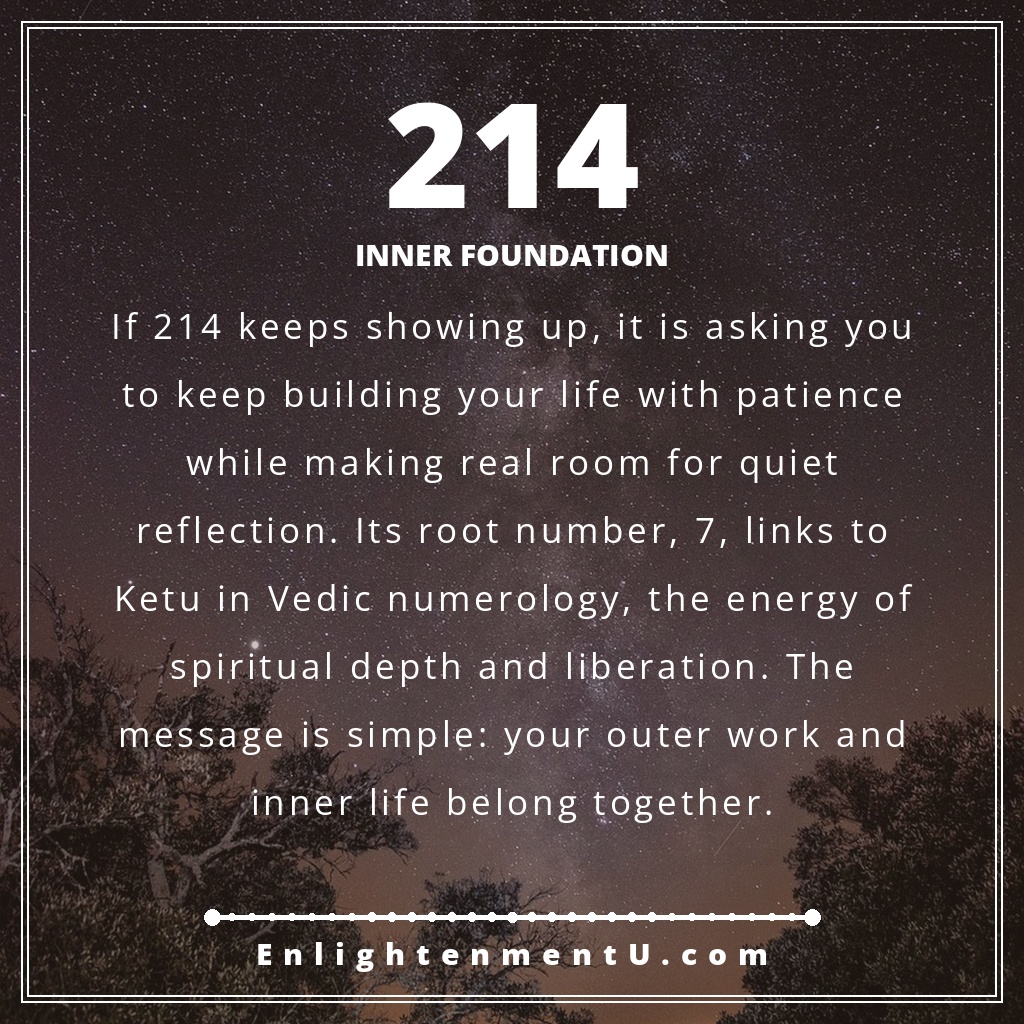 Meaning of seeing 214 angel number pin with the number 214 large over a calm sunrise scene; text reads 'Inner Foundation', 214 angel number spiritual meaning