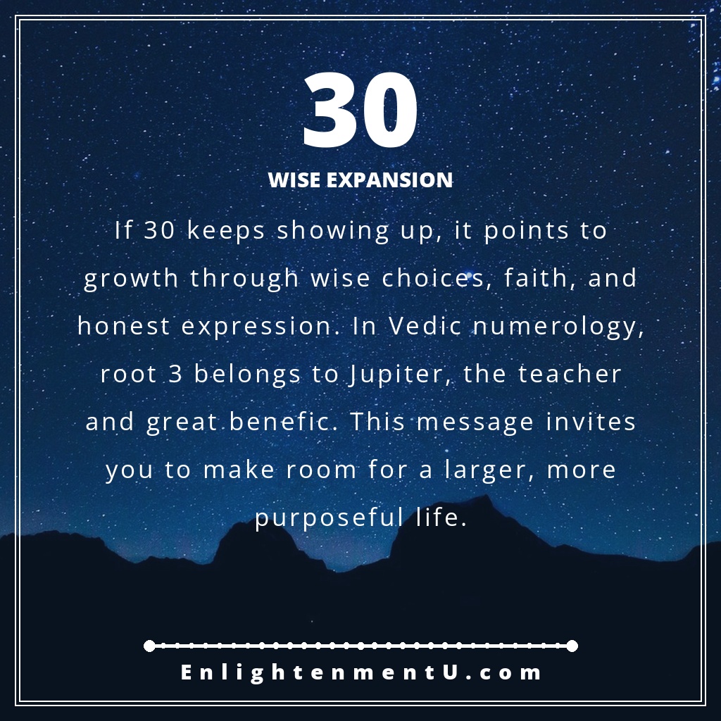30 angel number pin with the number 30 in large type and the words Wise Expansion, meaning of seeing 30 angel number