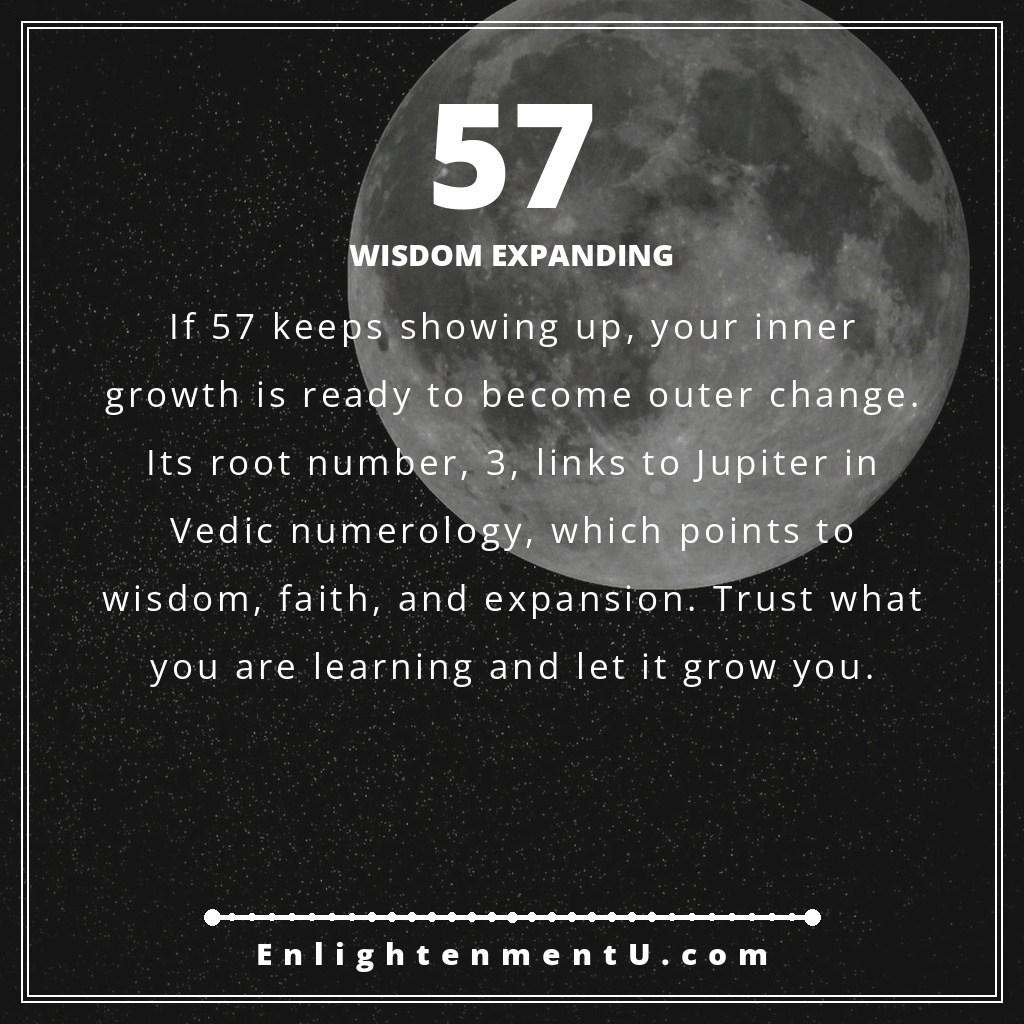 57 angel number pin with the number 57 over a soft sunrise scene; text reads 'Wisdom Expanding', meaning of seeing 57 angel number.