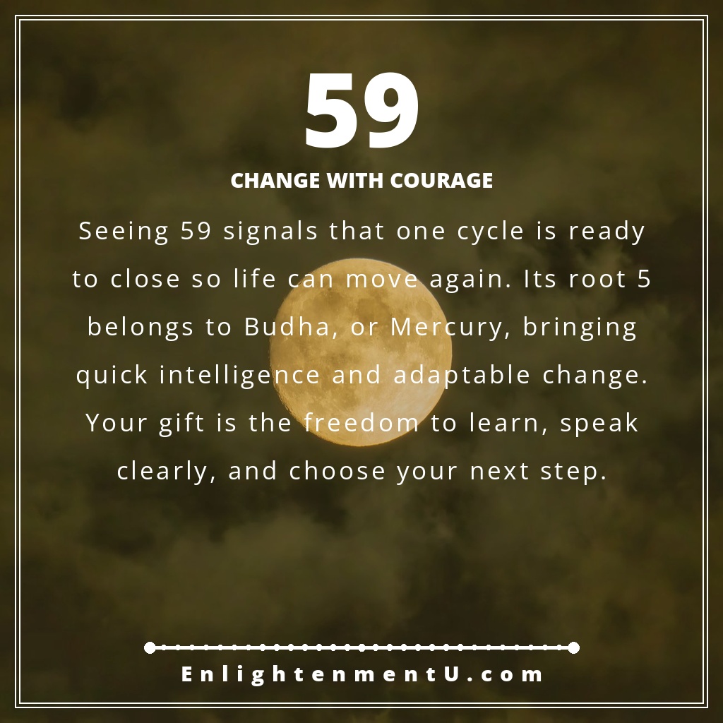 59 angel number pin with large number 59 over a softly lit mountain landscape; text reads 'Change With Courage,' meaning of seeing 59 angel number