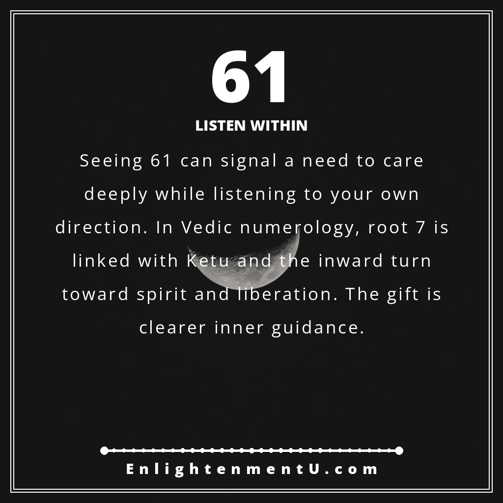 61 angel number pin with the number 61 in large gold type over a quiet dawn landscape; text reads 'Listen Within,' meaning of seeing 61 angel number.