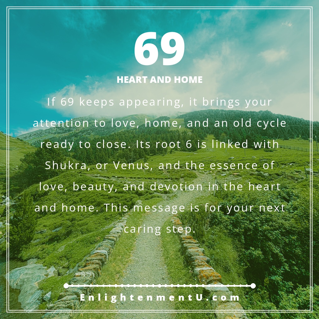 69 angel number pin with 69 over a warm home scene; text reads 'Heart And Home', meaning of seeing 69 angel number.