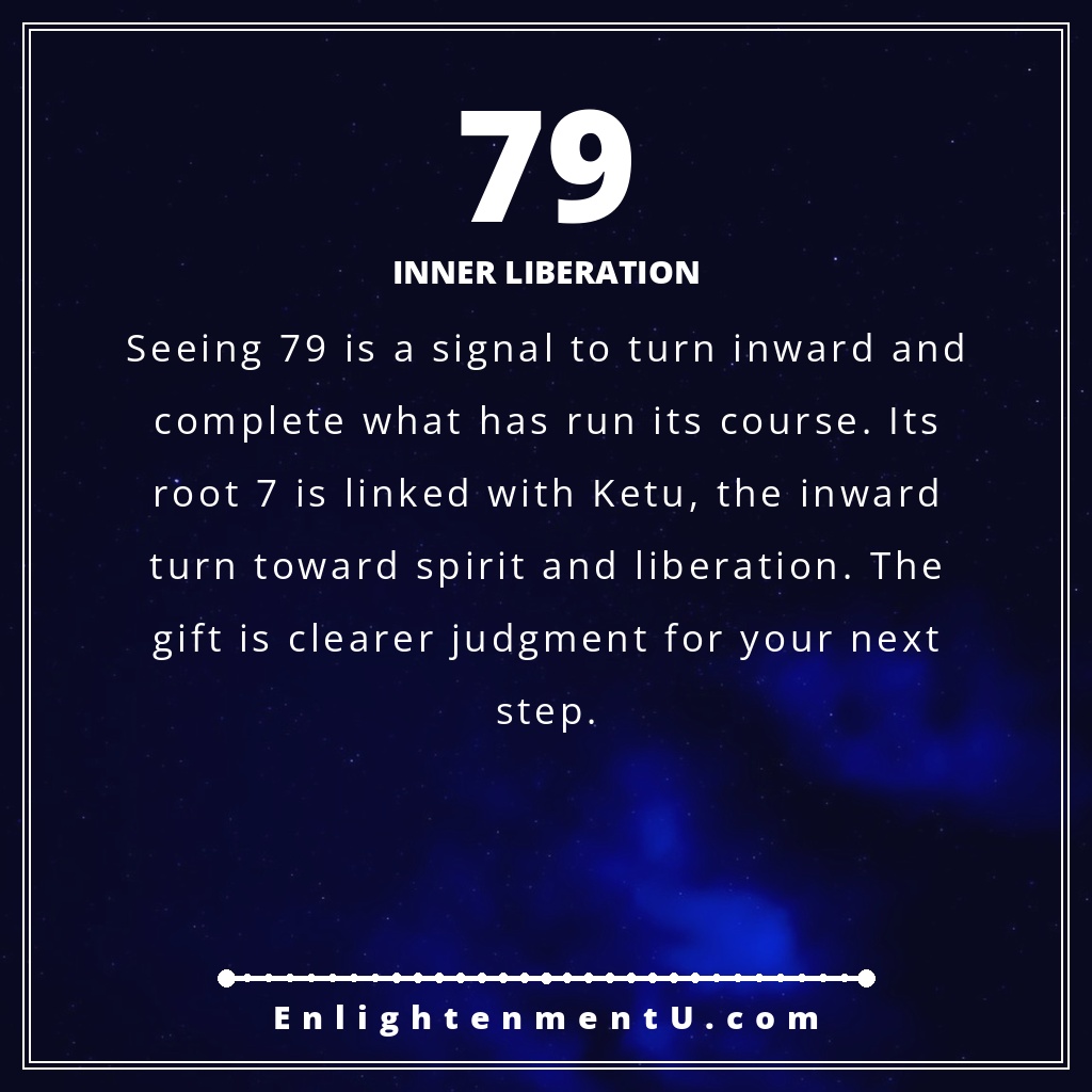 79 angel number pin with the number 79 in large type and the text 'Inner Liberation,' explaining the meaning of seeing 79 angel number
